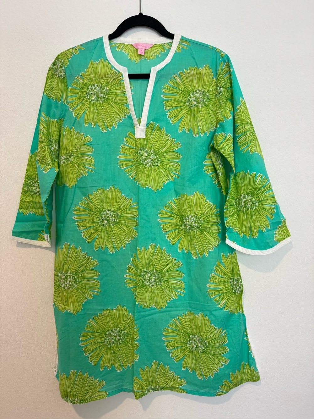 Lilly Pulitzer Green Floral Cotton Tunic Dress V Neck 3/4 Sleeve Medium